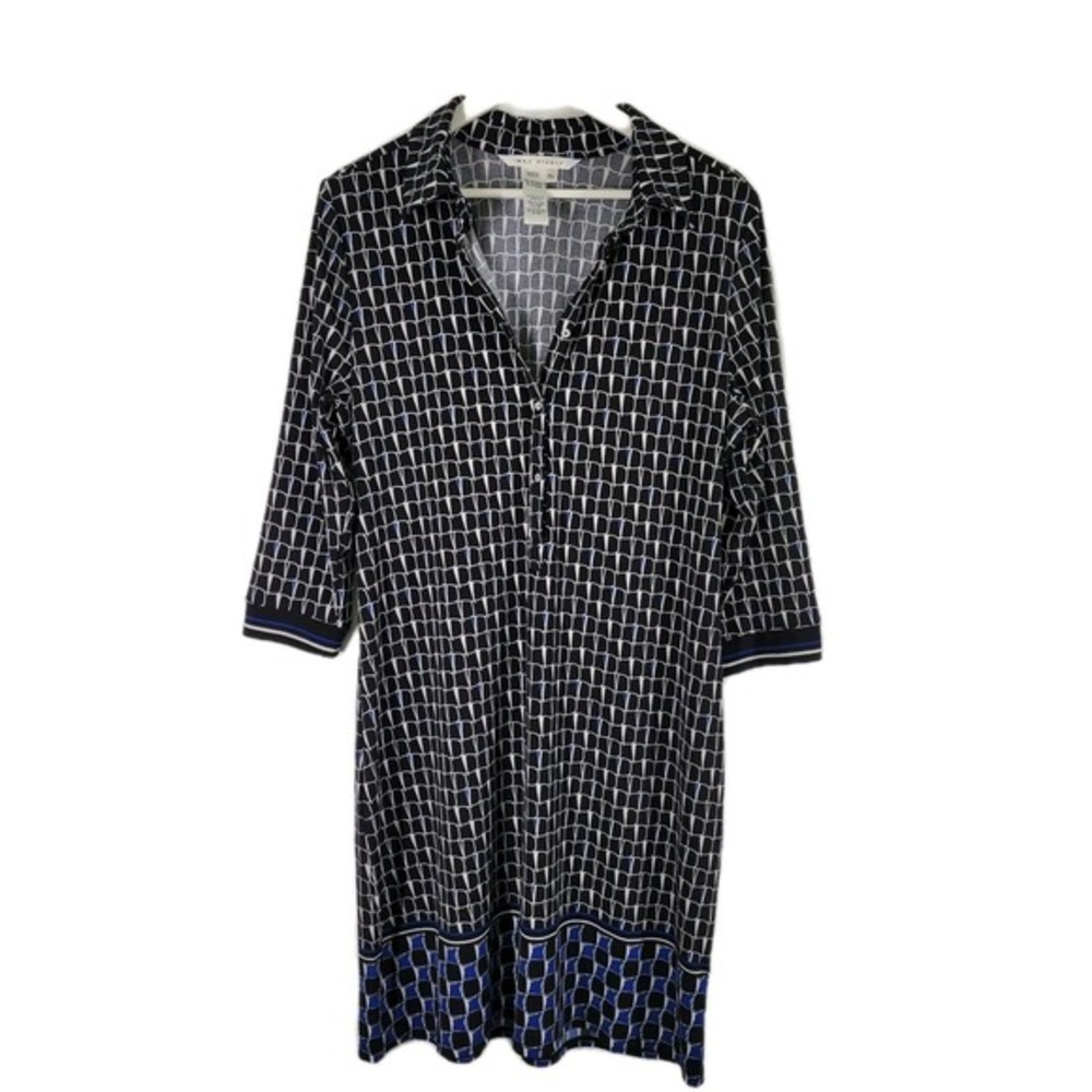 Max Studio Shirt Dress Women XL Black Blue Geometric Abstract 3/4 Sleeve Stretch